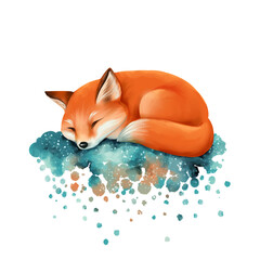 Cute little fox sleeps on the cloud, hand drawn illustration isolated on white background.