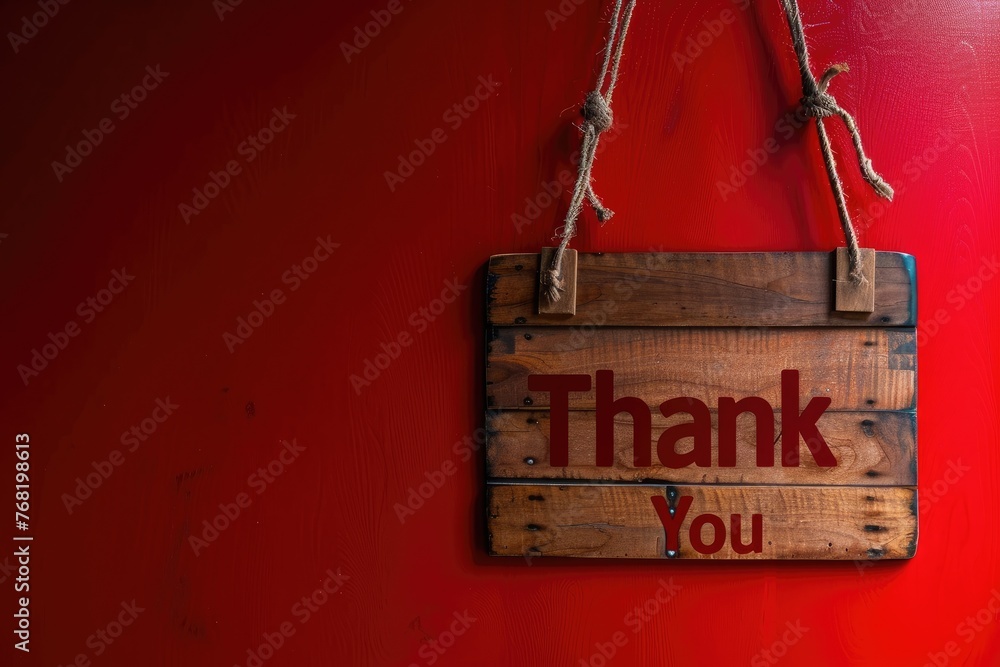 Wall mural thank you text sign on the wooden tag with red background - Wall murals