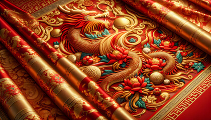 a China golden asian fabric holiday luxury Chinese prosperity new year coin asia greeting east silk wealth fortune gold festival tradition oriental eastern background luck calendar invitation card