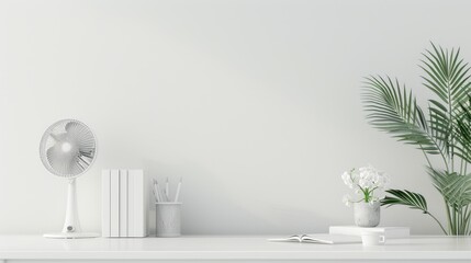 White stand electric fan on a room white wall background. AI generated image - obrazy, fototapety, plakaty