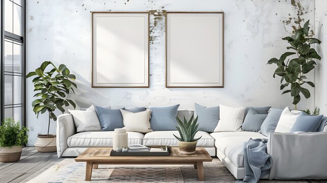 Modern living room with two square frame mockup, gray color sofa and interior decoration. 3d rendering, interior design, 3d illustration ai generated