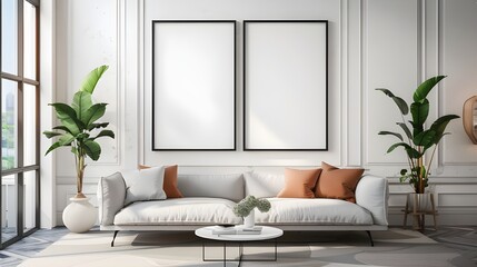 Living room with mockup of two blank square frames, beige sofa and ornate table. 3d illustration, interior design, 3d rendering ai generated 