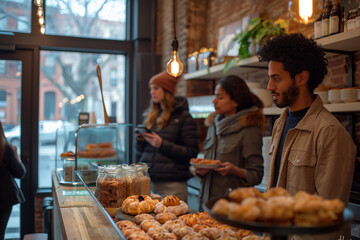 Customers enjoying coffee and pastries at a trendy brunch spot. A crowd in a bakery admiring the...