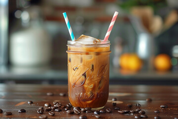 Iced coffee served in a mason jar with a colorful paper straw. A drink of sweet iced coffee with two straws on a wooden table - obrazy, fototapety, plakaty