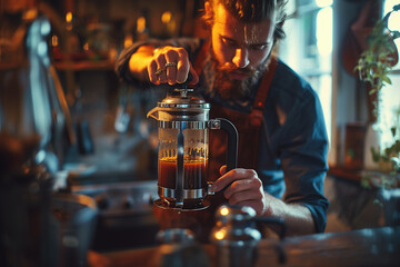 Man using a French press to brew coffee at home in the morning. Man brewing coffee with Tableware in kitchen using French press