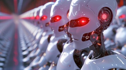Row of white robots with red eyes