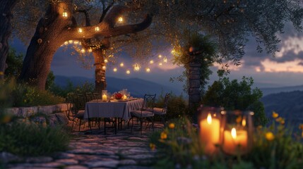 Table and chairs illuminated by lights under a tree
