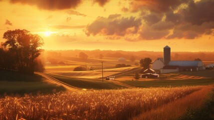 Farm scene with a sunset