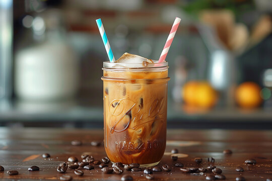 Iced coffee served in a mason jar with a colorful paper straw. A drink of sweet iced coffee with two straws on a wooden table