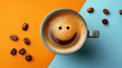 Happy morning and inspiration with a cup of delicious coffee and a smile on a colorful blue and orange background with copy space.