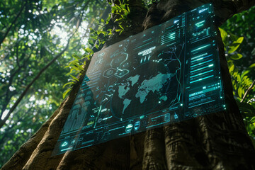 A green sign with a map of the world on it is hanging from a tree - Powered by Adobe