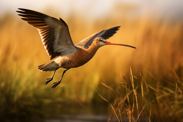 Fototapeta premium Black-tailed godwit bird in flight (Limosa limosa)