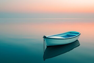 Serene scene: rowboat anchored in a calm cove at sunrise. Concept Nature Photography, Sunrise...