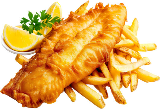 Golden fish and chips with crispy batter, cut out transparent