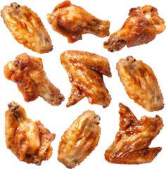 Crispy fried chicken wings glazed with barbecue sauce, cut out transparent