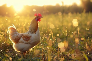 Hen standing in a field during sunset. Ethical poultry farming and free-range chicken concept. Design for sustainable farming educational materials, farm product branding, and agriculture awareness.