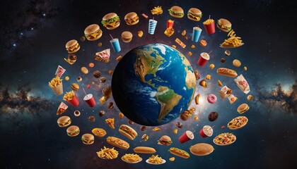 Planet Earth surrounded by junk food and fast food, burgers, soda, chips. Eco concept. Earth Day. For banners, posters, postcards, cards, card, wallpapers