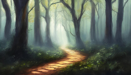 Detailed oil painting of spooky forest with path and foggy atmosphere. Misty woods Wild nature.