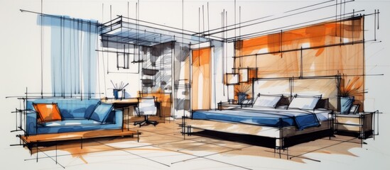 A detailed drawing of a bedroom featuring a couch and a bed. The sketch showcases the layout of furniture, including a comfortable couch and a neatly made bed. - obrazy, fototapety, plakaty