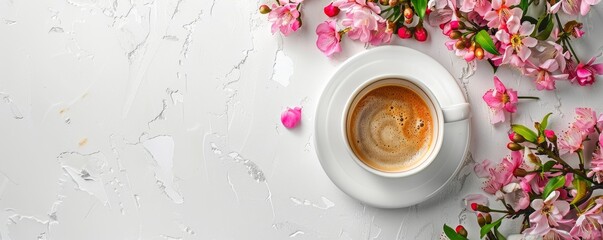 Morning cup of coffee with pink flowers on textured white background. Hot drink with spring flowers. Romantic breakfast for Women's or Valentine day. Design for menu, poster, banner, greeting card