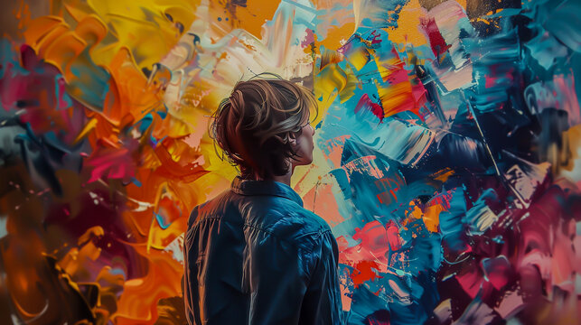 Person Admiring Vibrant Abstract Painting