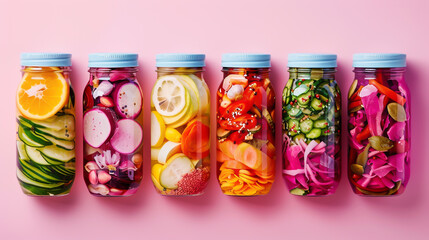 Create a colorful representation of fermented foods and their rich probiotic content