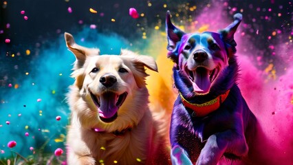 Dogs of various breeds playfully participate in Holi festivities - obrazy, fototapety, plakaty