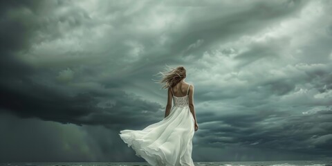 Fototapeta na wymiar A woman in a white dress stands on a beach under a dramatic grey sky