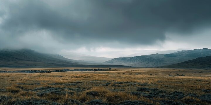 A vast open field with towering mountains in the distance under a dramatic grey sky