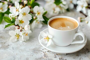 Obraz na płótnie Canvas Morning cup of coffee with white flowers on textured light background. Hot drink with spring flowers. Romantic breakfast for Women's or Valentine day. Design for menu, poster, banner, greeting card
