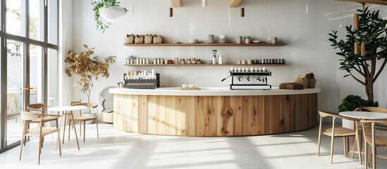 white modern interior design of coffee shop cafe with use wooden round corner concept and coffee machinenery 