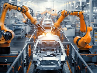 A car is being built by robots in a factory. The robots are orange and are working together to create the car. The scene is industrial and mechanical, with the focus on the process of creating the car