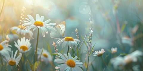 Fototapeta na wymiar Beautiful wild flowers daisies and butterfly in morning cool haze in nature spring close-up macro. Delightful airy artistic image beauty summer nature