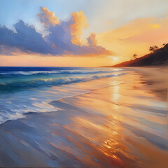 Impressionist oil painting of a beach at sunset with a narrow aspect ratio - generated by ai - obrazy, fototapety, plakaty