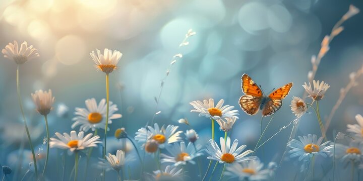 Beautiful wild flowers daisies and butterfly in morning cool haze in nature spring close-up macro. Delightful airy artistic image beauty summer nature