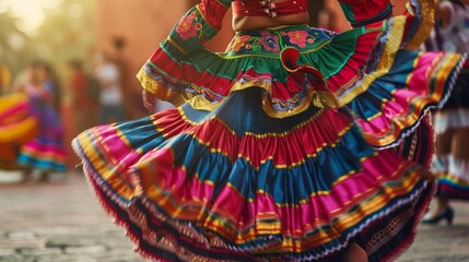 Traditional Mexican folk dance performance, focus on the dress