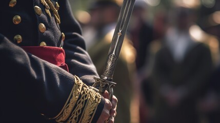 Details with the uniform and weapon with bayonet - obrazy, fototapety, plakaty