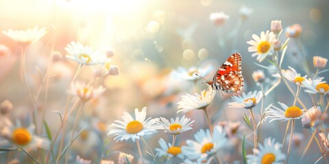 Beautiful wild flowers daisies and butterfly in morning cool haze in nature summer close-up macro. Delightful airy artistic image beauty summer nature.  - obrazy, fototapety, plakaty