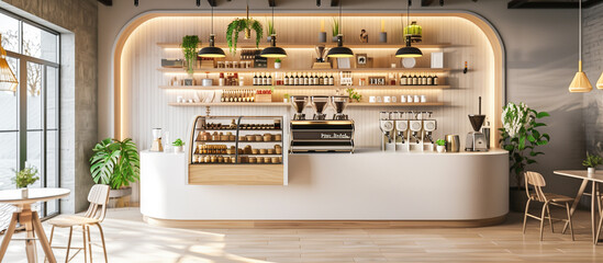 white modern interior design of coffee shop cafe with use wooden round corner concept and coffee machinenery 
