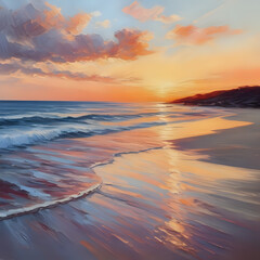 Impressionist oil painting of a beach at sunset with a narrow aspect ratio - generated by ai - obrazy, fototapety, plakaty