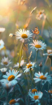 Beautiful wild flowers daisies and butterfly in morning cool haze in nature summer close-up macro. Delightful airy artistic image beauty summer nature. 