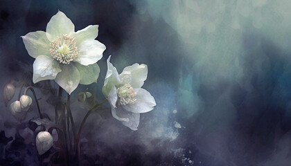 Biały kwiat ciemiernik, zielone tło, tapeta w kwiaty - obrazy, fototapety, plakaty
