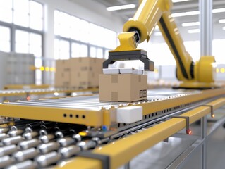 A robot is picking up a box on a conveyor belt. The robot is yellow and has a box on its arm