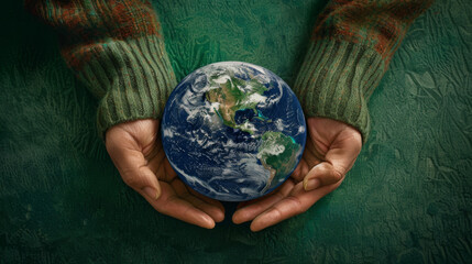 Hands cradling a painted globe against a green background.