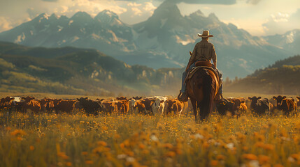 Man on horse surrounded by cows in grassy field with mountains in background - obrazy, fototapety, plakaty