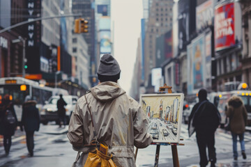 A man wearing a hat and a white coat is painting a picture on the street