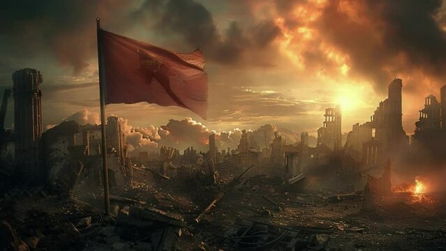 A red flag is flying in the sky above a desolate landscape 4K motion