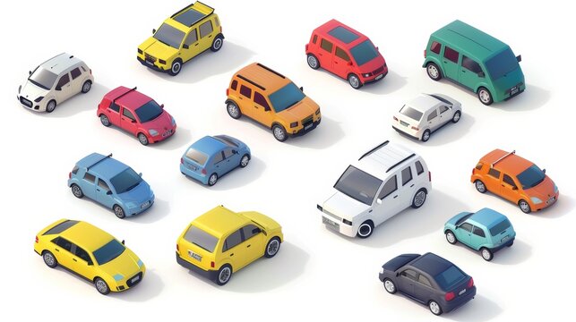 A premium collection of 3D isometric icons depicting various types of city vehicles. Includes sedan, van, off-road, mini car, and sports car.