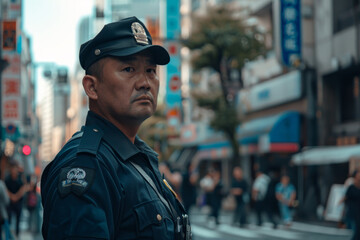 A police officer stands on a busy street, looking at the camera