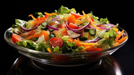 Vegetables in a salad on a plate. Chopped bell pepper, cucumber, tomatoes, onion. Healthy eating.